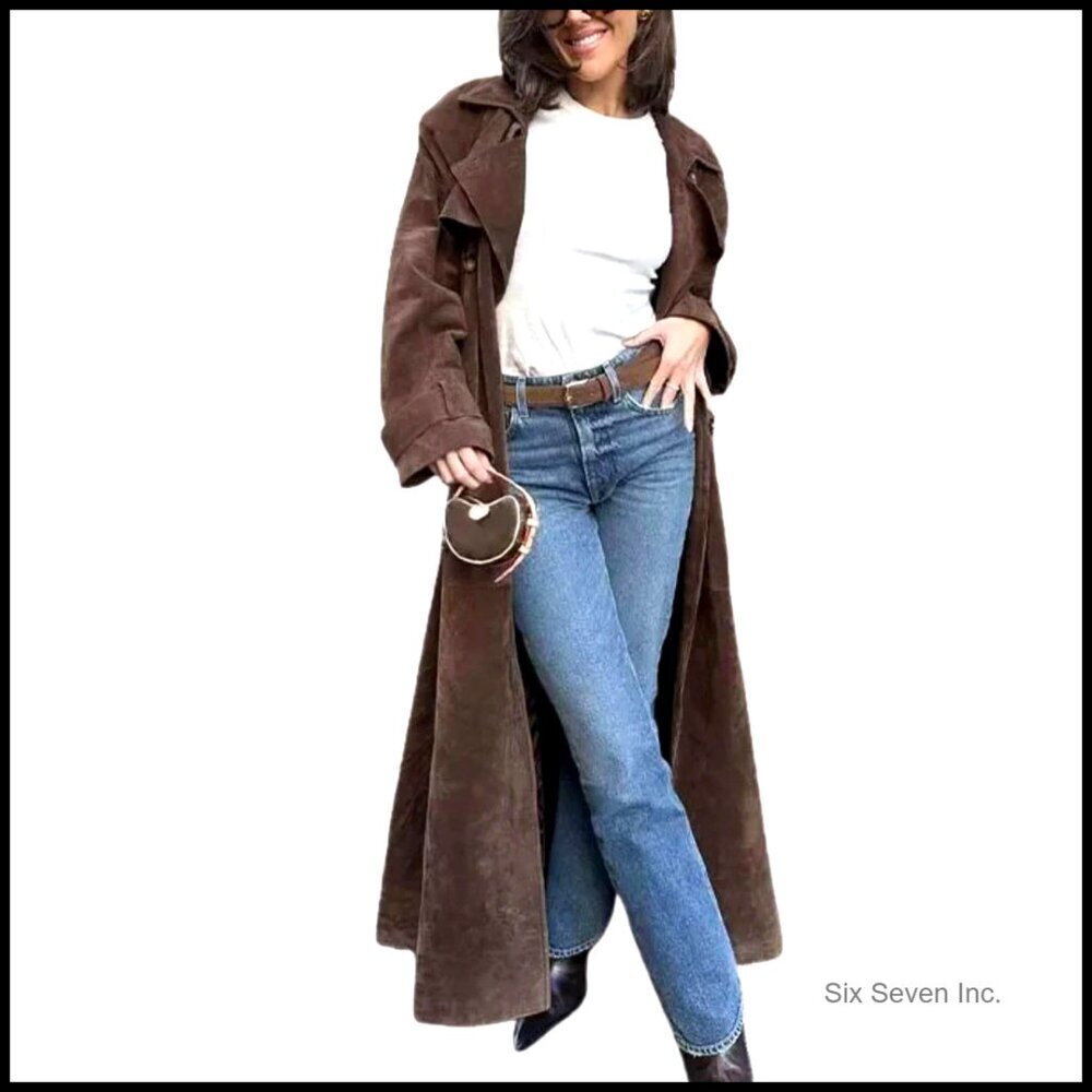 Faux Suede Long Trench Coat Notched Lapel Double Breasted Pea Coat Belted